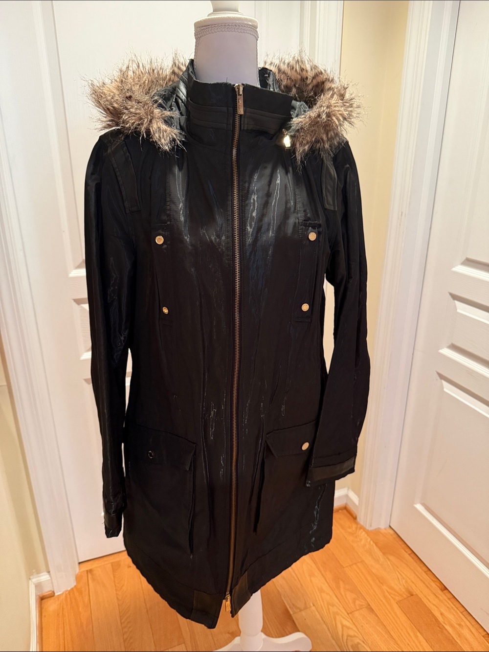 Calvin Klein Black Shiny Hooded Raincoat  with Faux-Fur Trim